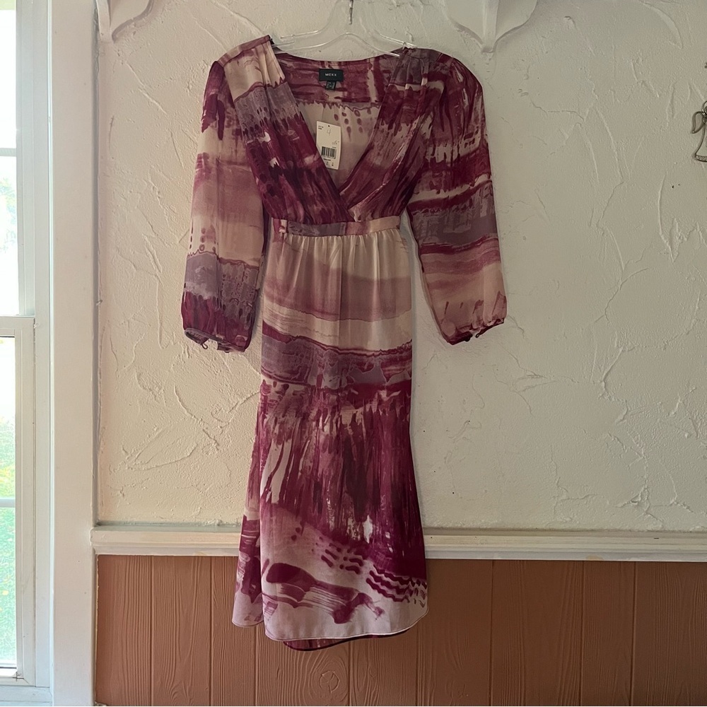 Mexx Women's Sheer Long Sleeve Dress in Purple and Cream NWT